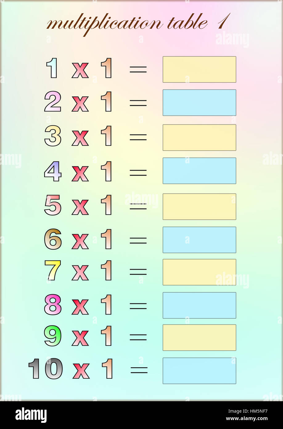 La tabella di moltiplicazione di uno con spazi vuoti per scrivere - scuola di esercizi per i bambini Foto Stock