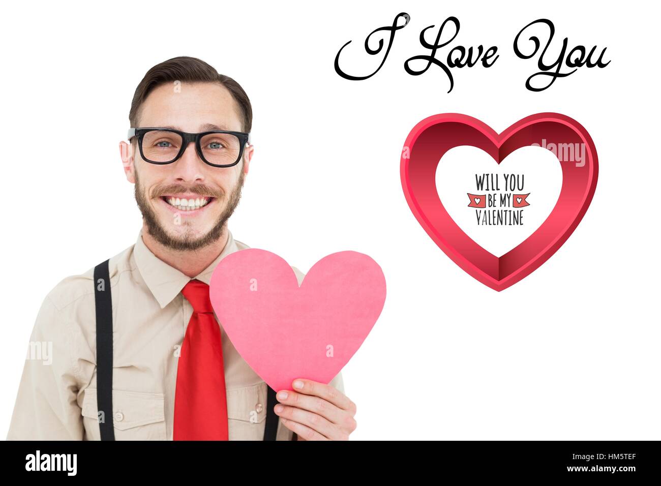 Nerd uomo con cuore rosa con I love u messaggio Foto Stock