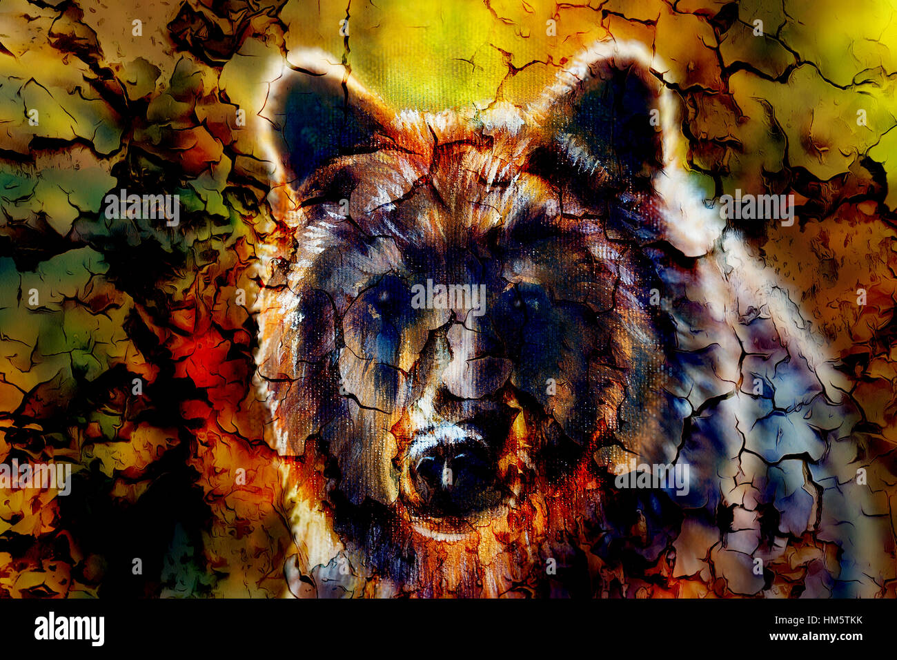Testa del possente orso bruno, pittura ad olio su tela e collage di grafica. Contatto con gli occhi. Foto Stock