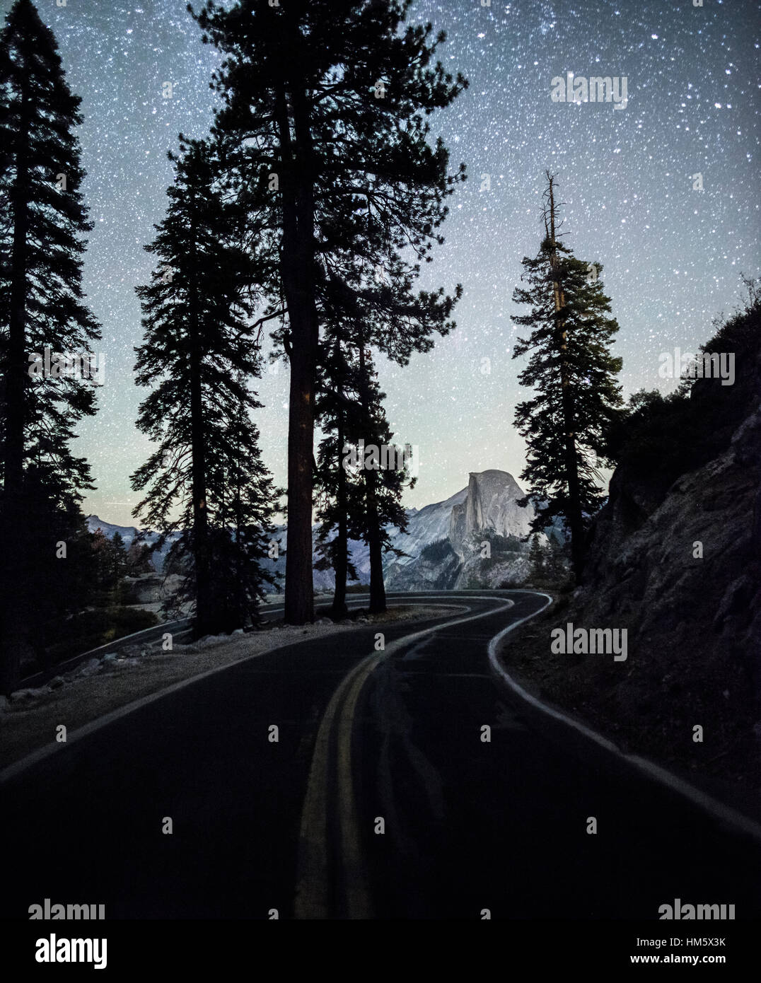 Road passando da silhouette di alberi nel Parco Nazionale di Yosemite contro stary cielo di notte Foto Stock