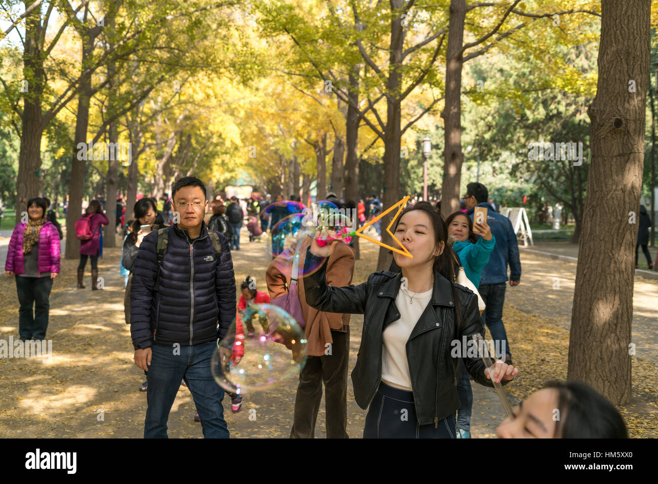 La donna a soffiare bolle al tempio di terra o Parco Ditan Park di Pechino, Repubblica Popolare di Cina e Asia Foto Stock