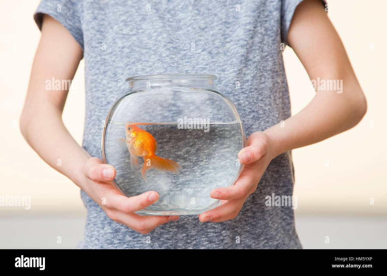 La ragazza (6-7) azienda goldfish in fishbowl Foto Stock