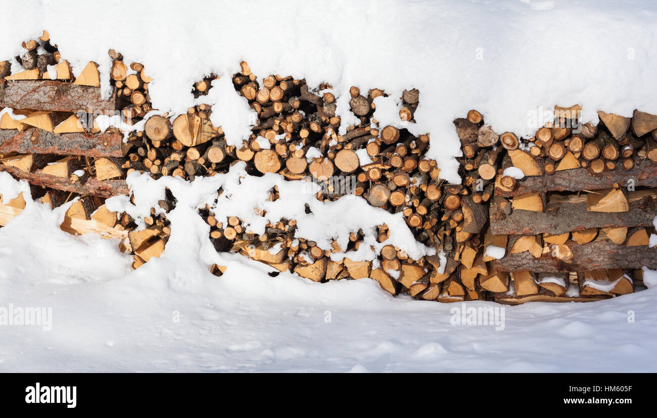Grande catasta di legna da ardere impilati al di fuori nella neve Foto Stock