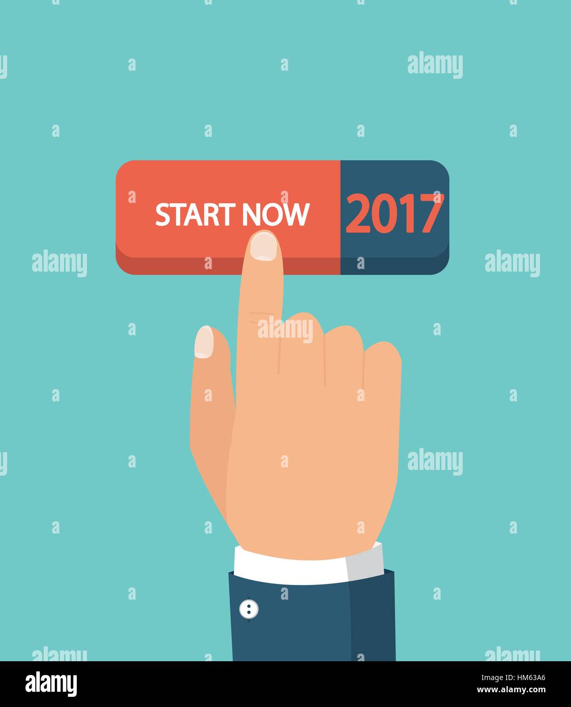 Mano premendo il pulsante di avviamento. Nuovo business, inizio e avviare il concetto. In stile appartamento. Illustrazione Vettoriale