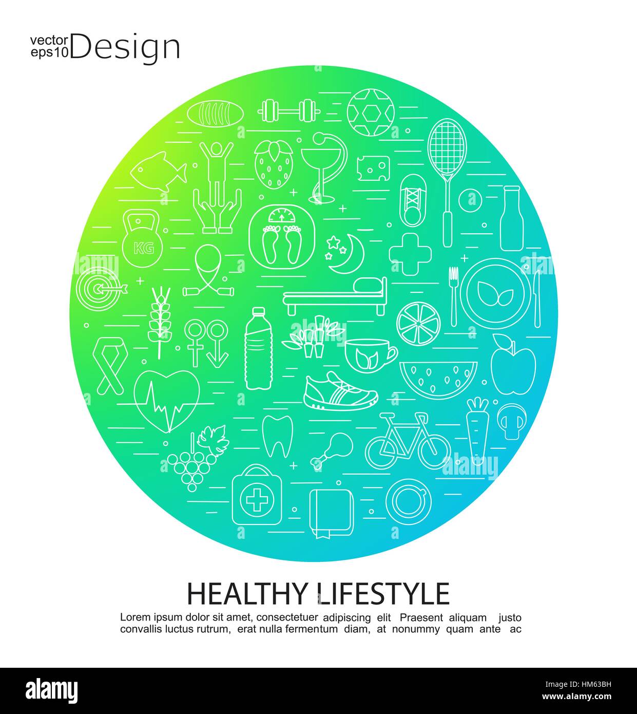 Buon gradiente di colore telaio a cerchio con la linea alimentare, salute, sport icone. Uno stile di vita sano concetto. Illustrazione Vettoriale. Illustrazione Vettoriale