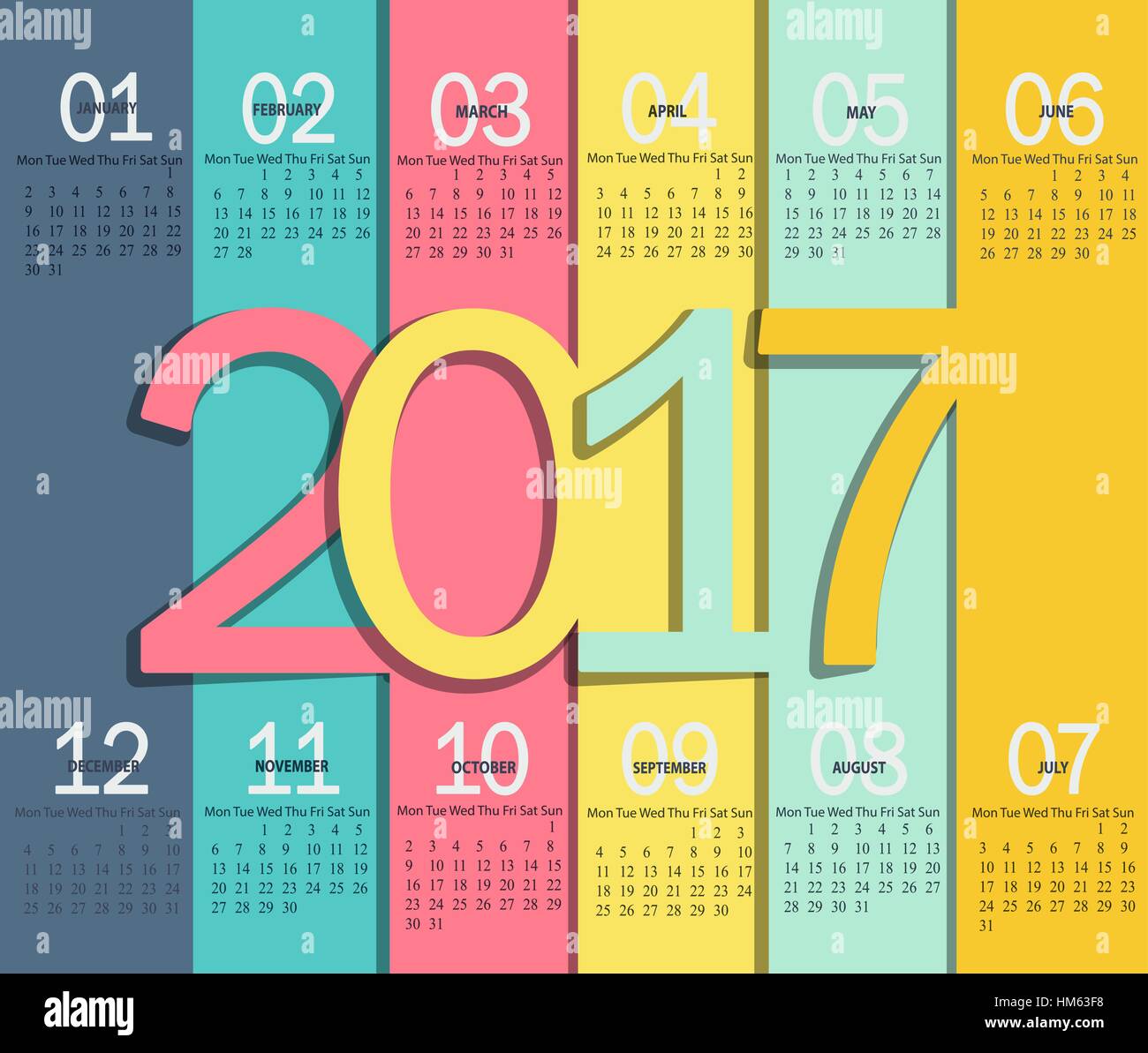 Illustrazione Vettoriale modello di moderni colori 2017 Calendario. Illustrazione Vettoriale