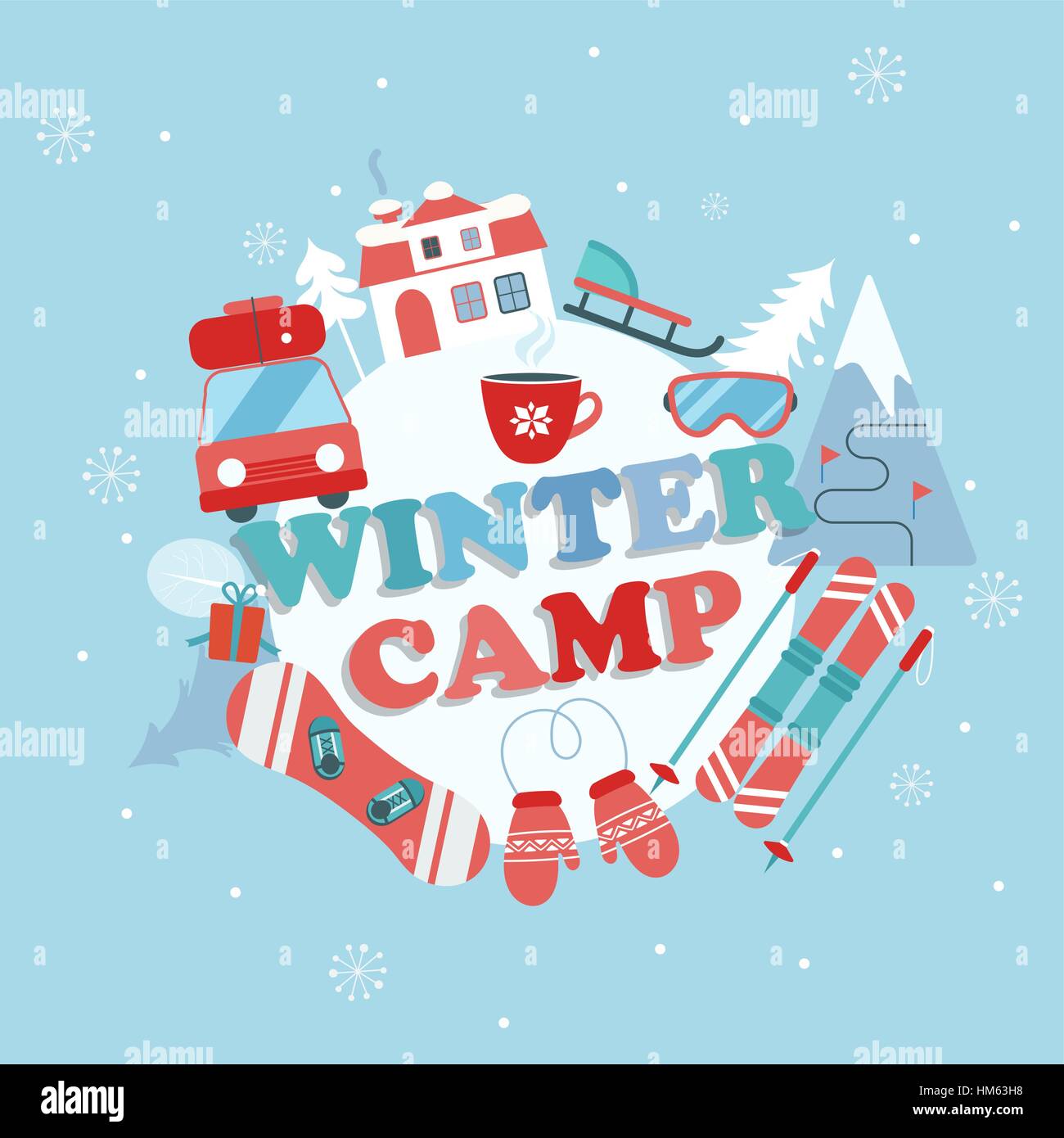 Vacanze di Natale e viaggi a tema poster di Camp in stile appartamento , Winter Camp banner illustrazione vettoriale. Illustrazione Vettoriale