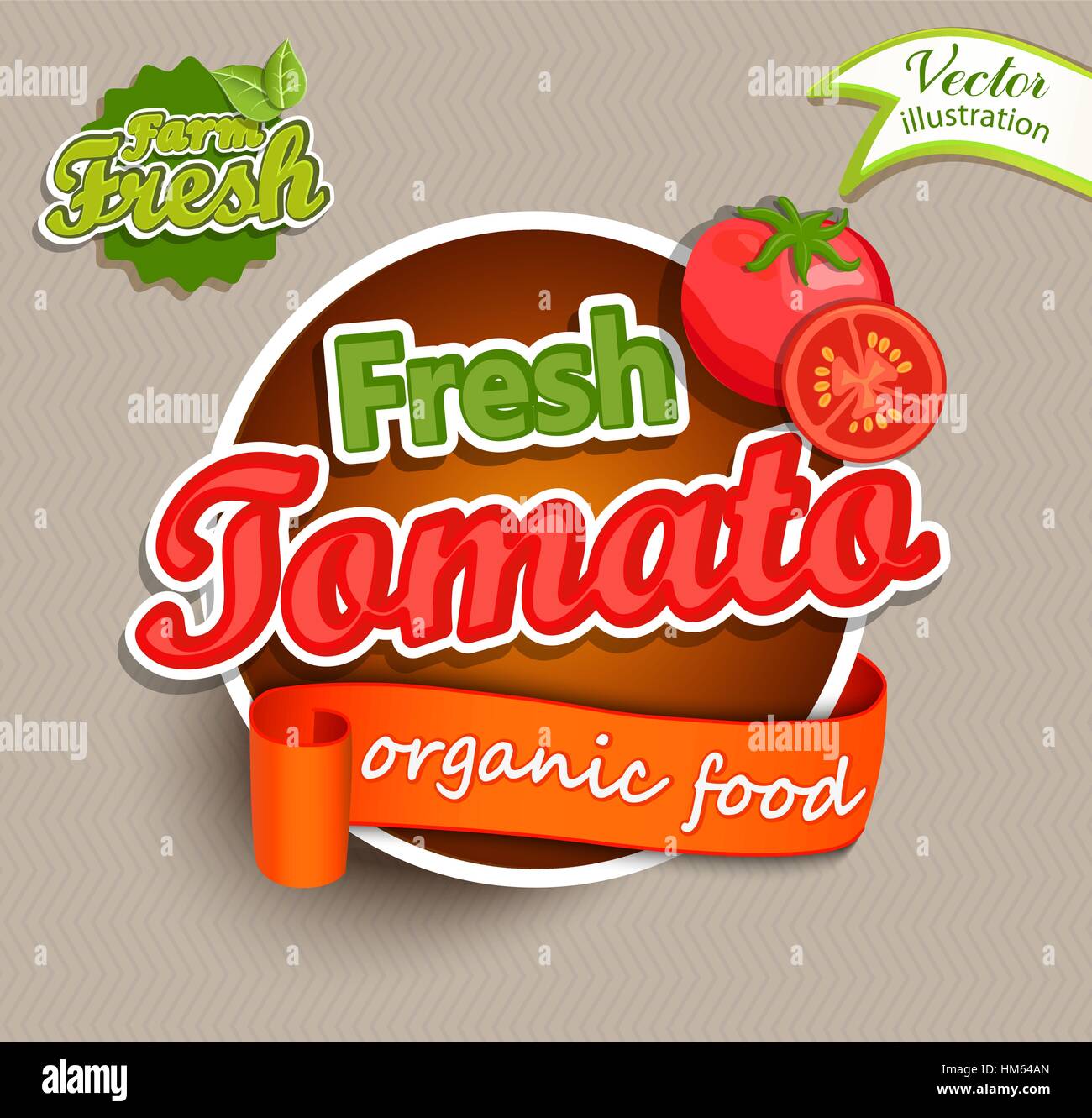 Pomodoro Fresco lettering logo tipografia etichetta alimentare o sticer. Concetto per il mercato degli agricoltori, alimenti biologici e naturali, design di prodotto, succo, Salsa ketchup. Illustrazione Vettoriale
