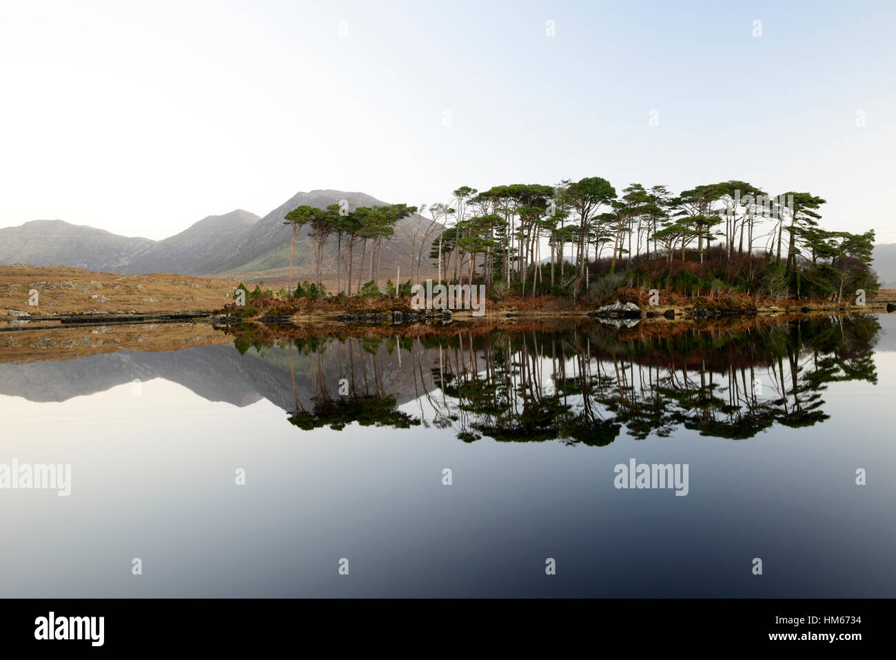 Il Lough Derryclare lake Connemara Pine Island montagne selvatica modo atlantico Ovest dell Irlanda specchio riflette ancora la calma Foto Stock