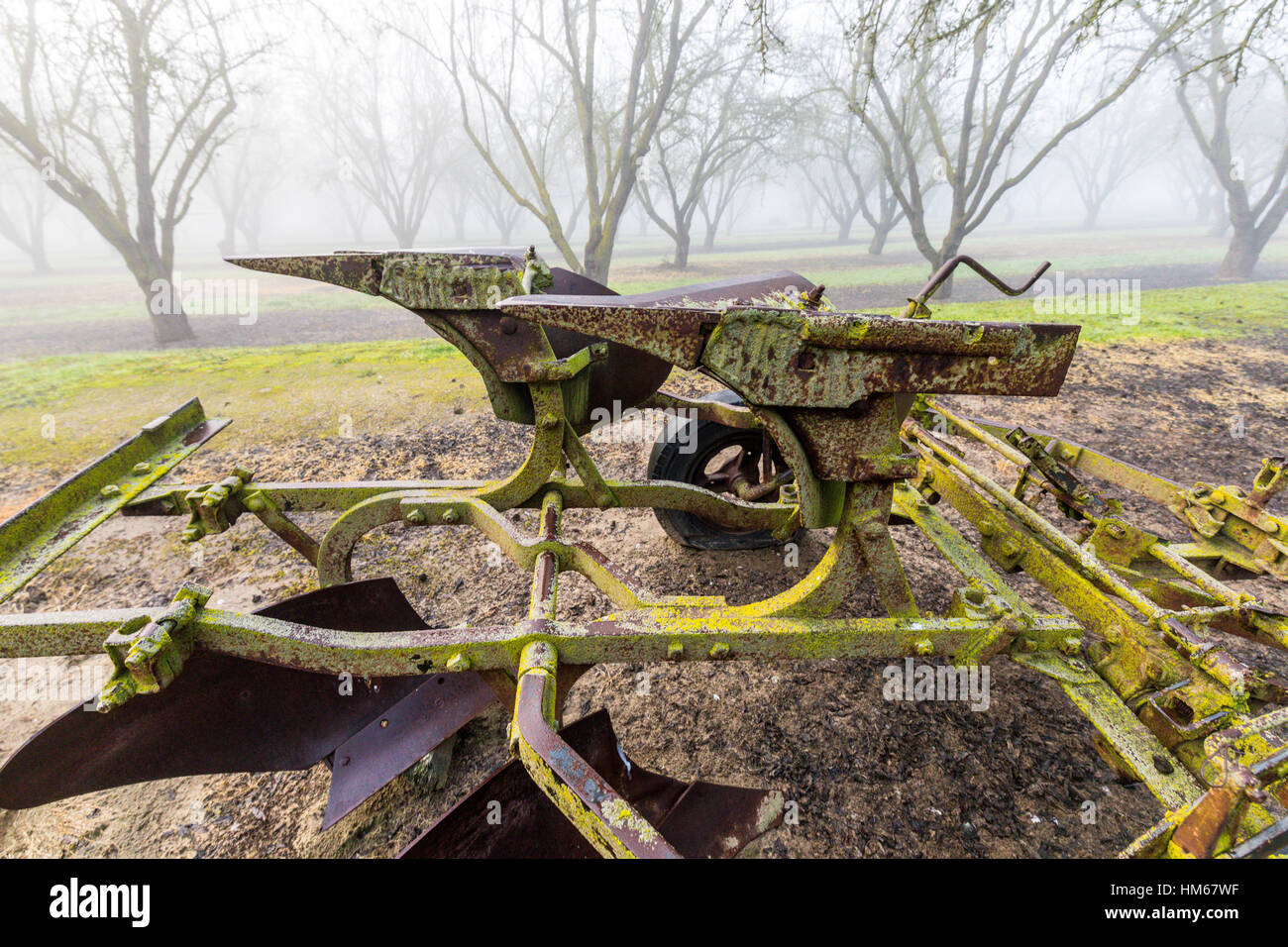 Antica fattoria di attrezzi su una mandorla fattoria in California la Valle Centrale su una mattinata nebbiosa nell'inverno del 2017 Foto Stock