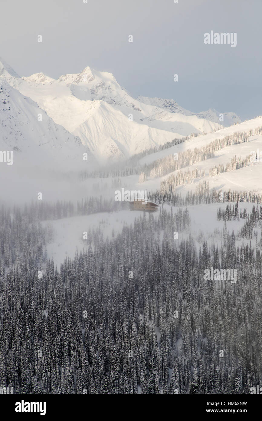 Antenna vista invernale di backcountry Sentry Lodge; Esplanade gamma; sub-gamma di Selkirk gamma; British Columbia; Canada Foto Stock
