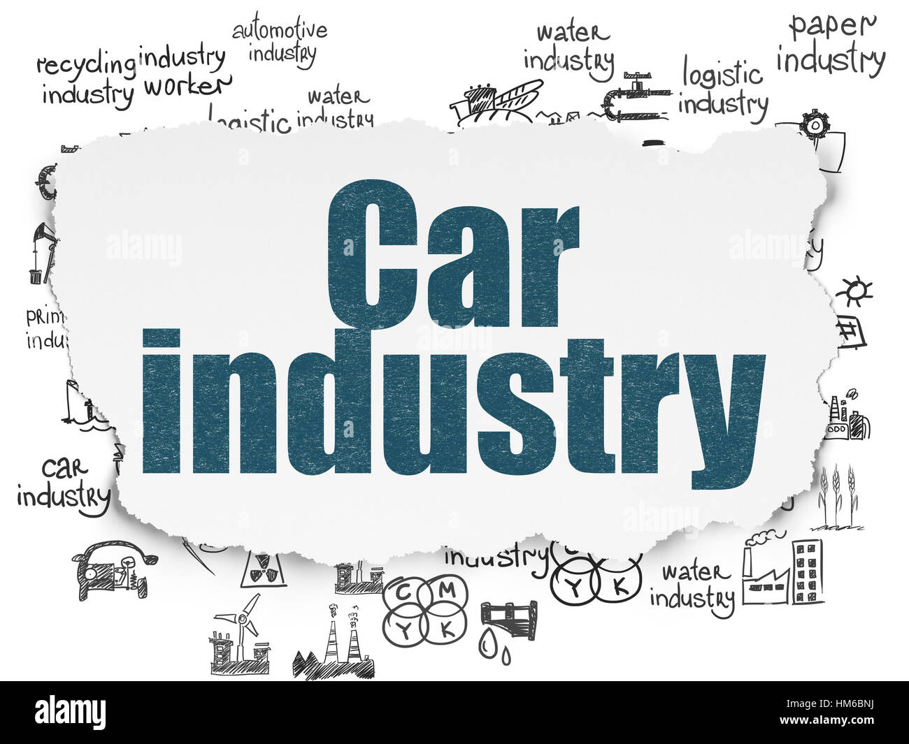 Realizzati concetto: dipinto di blu testo Industria Automobilistica sulla carta strappata con sfondo disegnato a mano le icone del settore Foto Stock