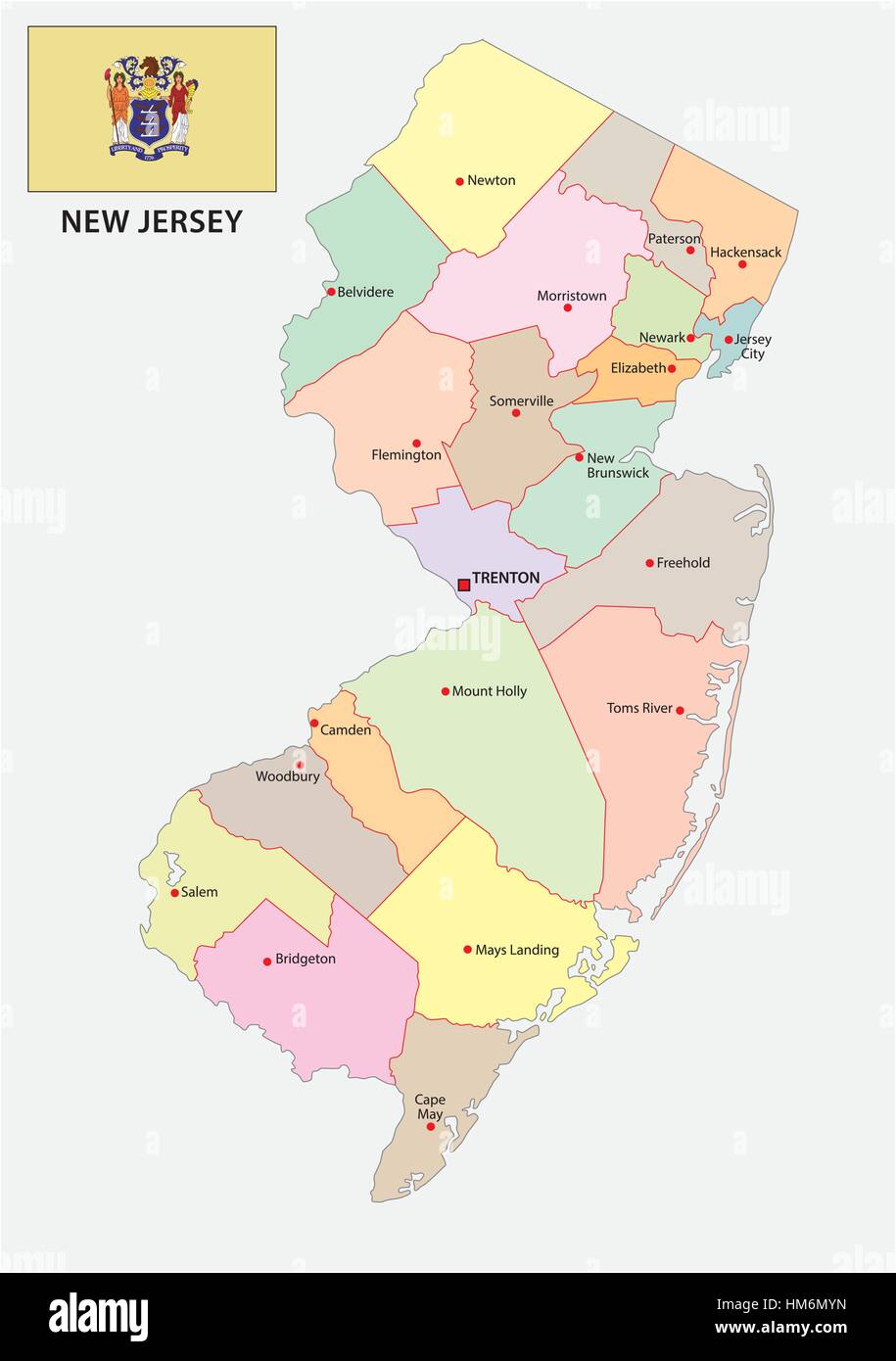 New Jersey politica e amministrativa di mappa vettoriale con bandiera Illustrazione Vettoriale