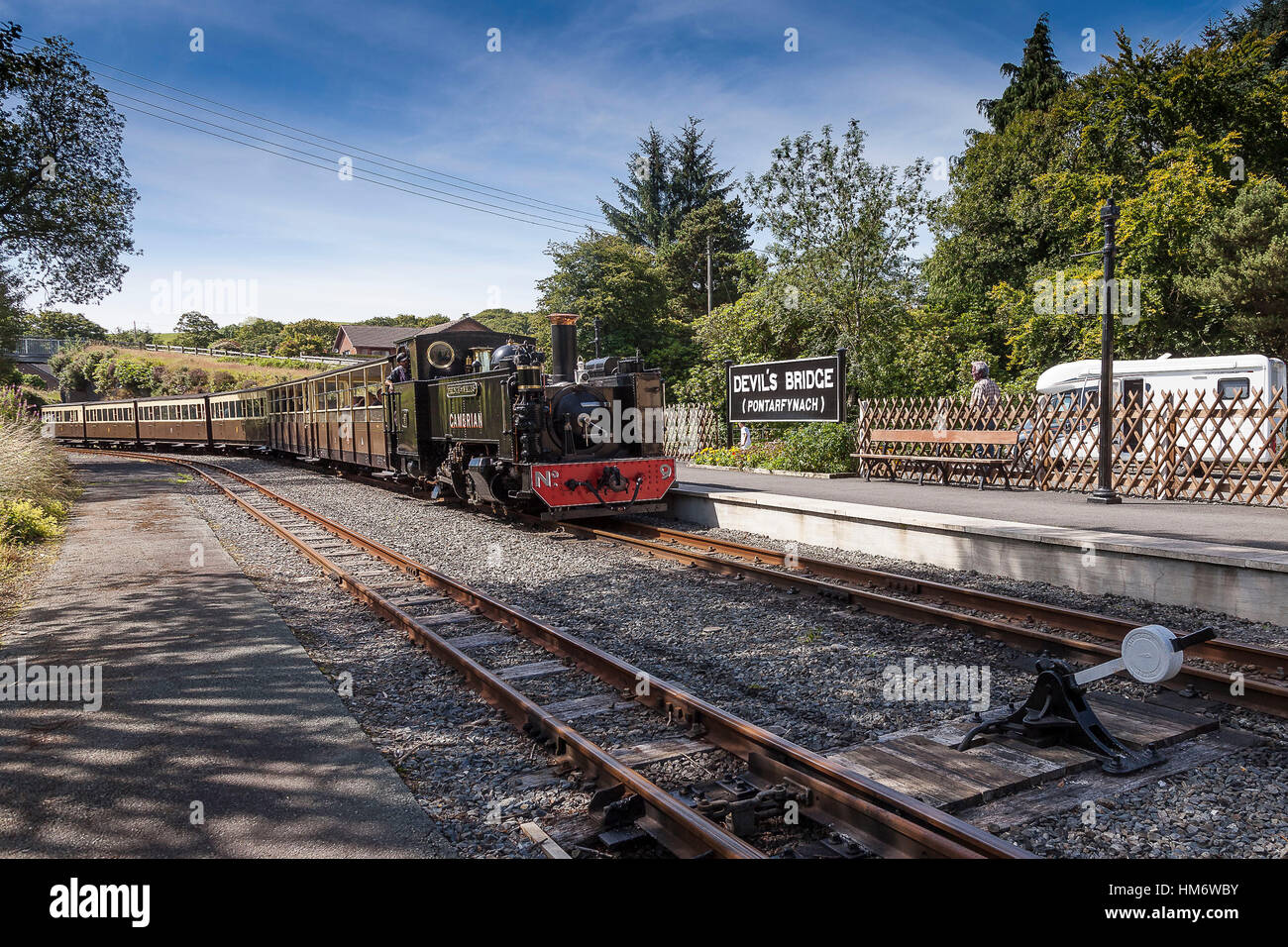 Vale of Rheidol Railway, West Wales avvicinandosi alla stazione a Ponte del Diavolo. Foto Stock