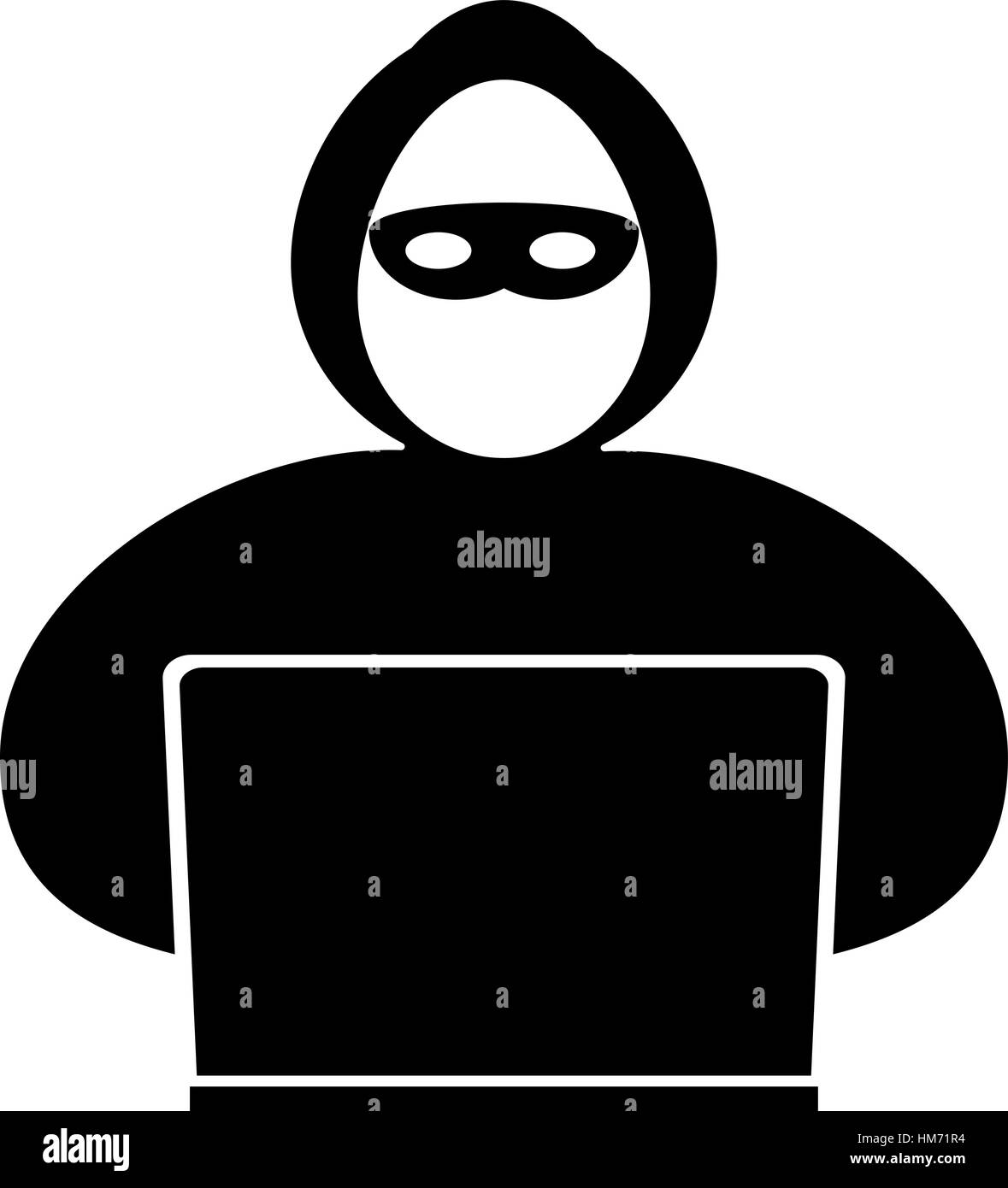 Icona nera di hacker con grande portatile. Illustrazione Vettoriale