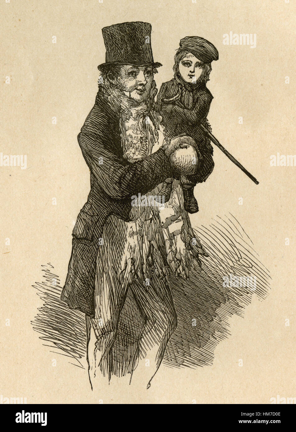 1870 incisione da un canto di Natale da Charles Dickens, 'Bob Cratchit e Tiny Tim,' da S. Eytinge Jr. Foto Stock