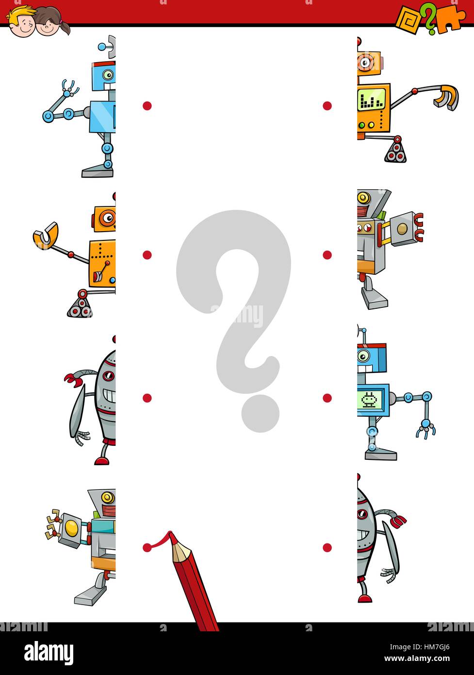 Cartoon illustrazione dell attività didattica dei semistampi combacianti con i caratteri del robot Illustrazione Vettoriale