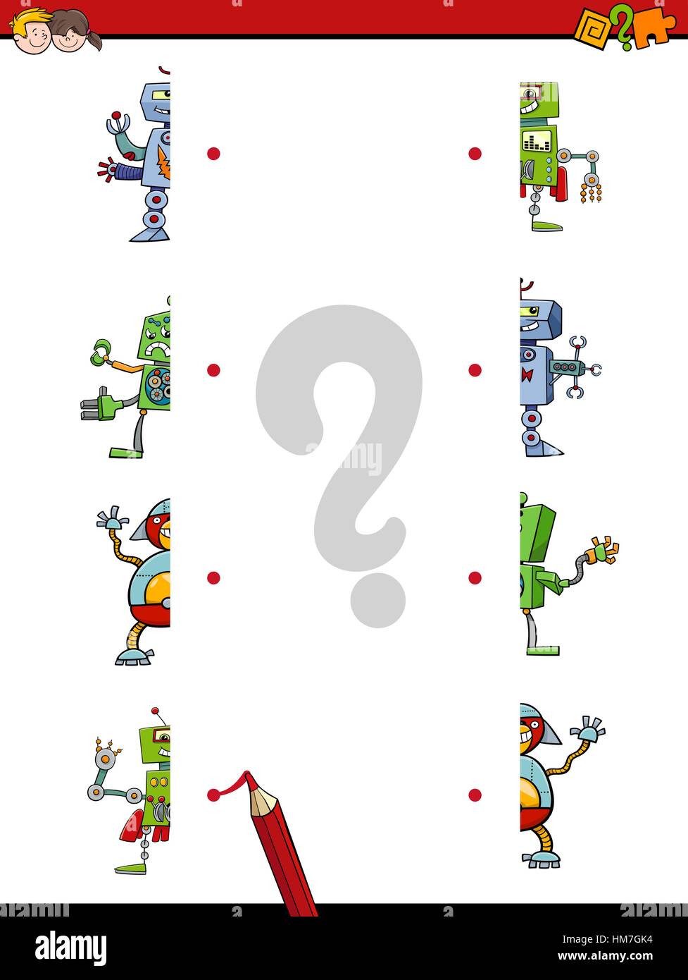 Cartoon illustrazione del gioco educativo dei semistampi combacianti con i caratteri del robot Illustrazione Vettoriale