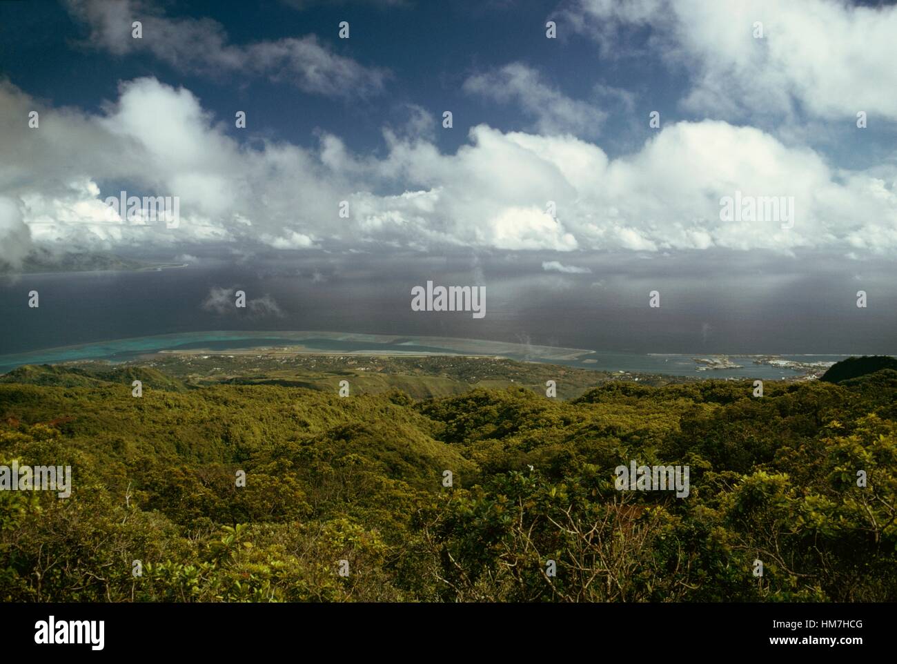Vista di Tahiti con vegetazione in primo piano e le nuvole all'orizzonte, isole della Società, Polinesia francese. Foto Stock
