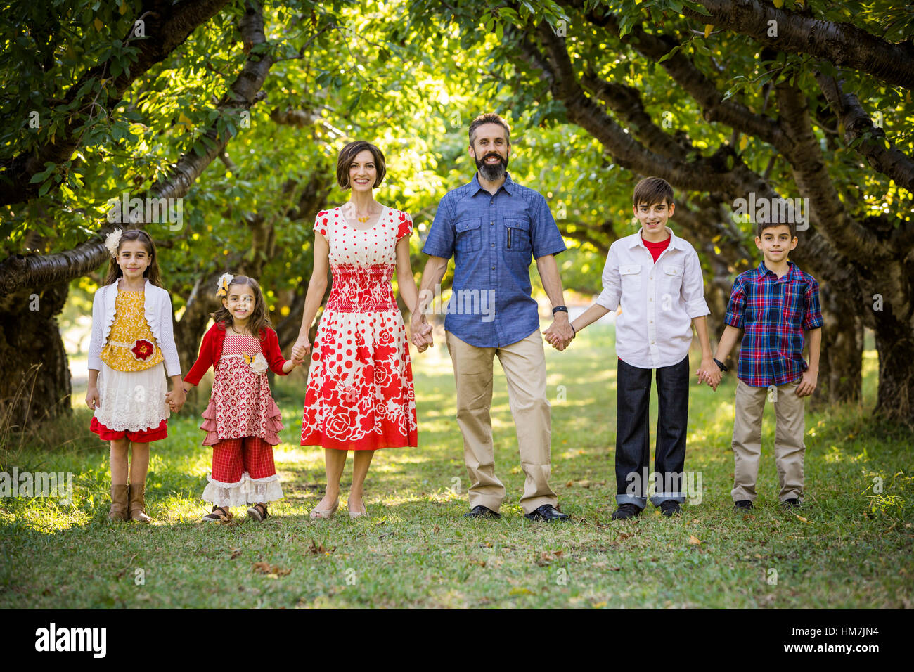 Famiglia standing, tenendo le mani Foto Stock