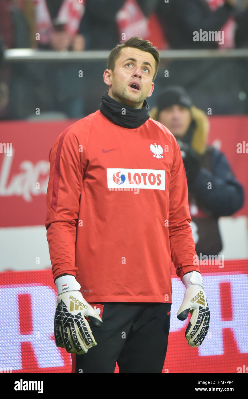 WROCLAW, Polonia - 14 novembre 2016: Amichevole partita di calcio in Polonia - Slovenia 1:1. Il portiere Lukasz Fabianski prima partita. Foto Stock