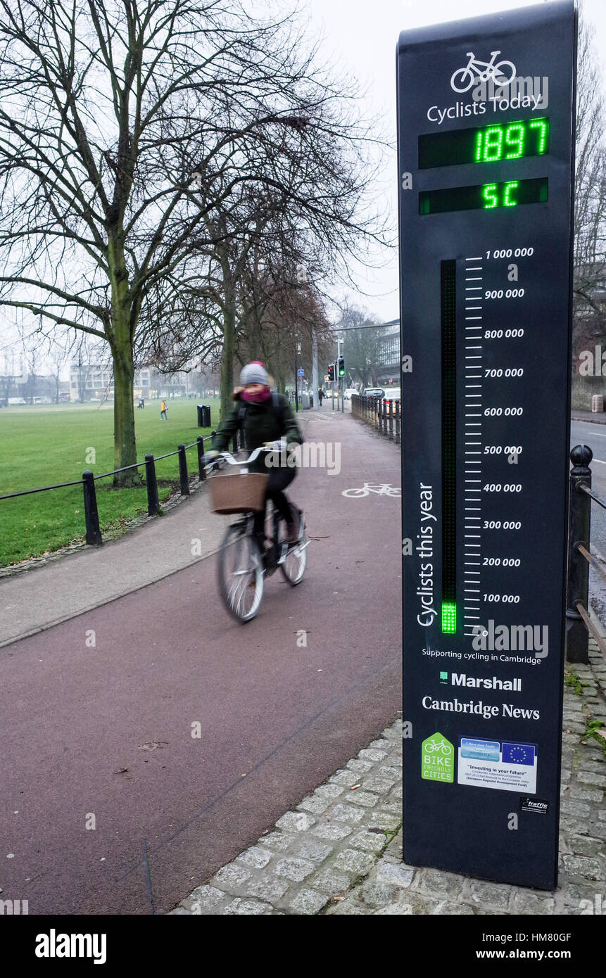 Contando i ciclisti - i ciclisti passare un contatore in bicicletta nel centro di Cambridge Foto Stock
