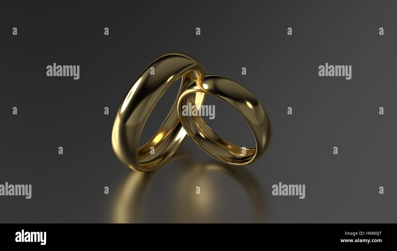 La bellezza di oro anelli di nozze su sfondo nero. 3D illustrazione Foto Stock