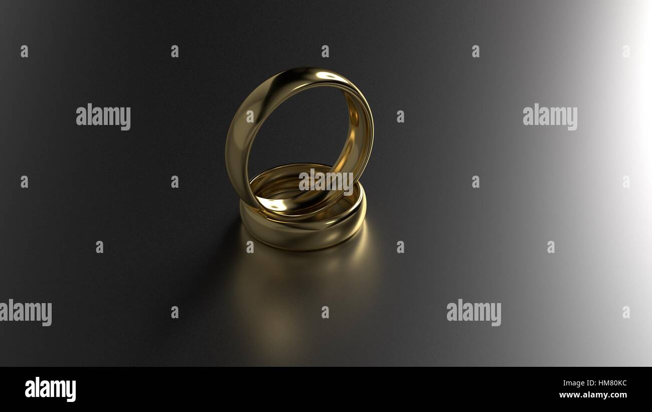 Paio di bellezza oro anelli di nozze su sfondo nero. 3D illustrazione Foto Stock