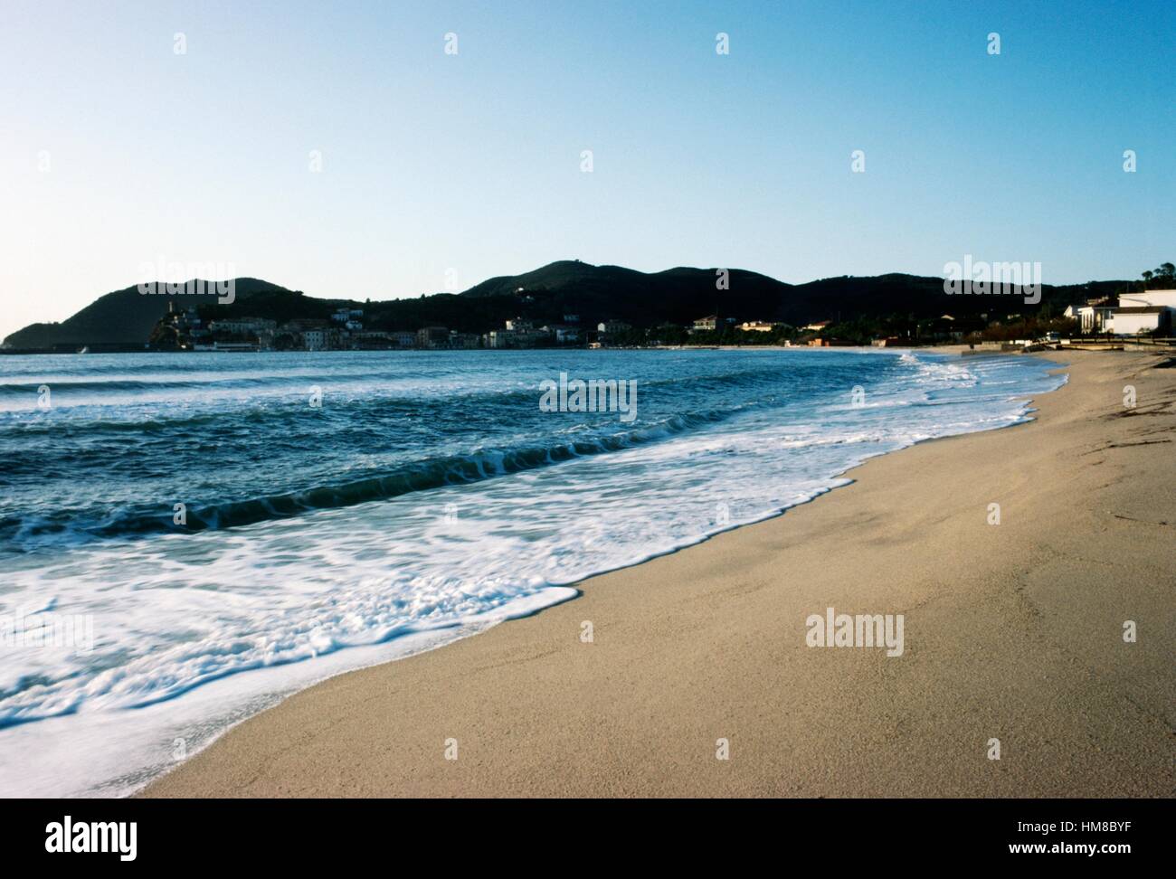 La spiaggia di Marina di Campo a Campo nell'Elba, Isola d'Elba, Toscana, Italia. Foto Stock