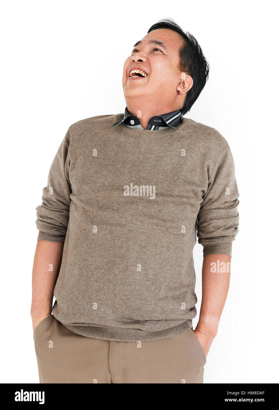 Uomo asiatico Lean indietro ridendo Concept Foto Stock