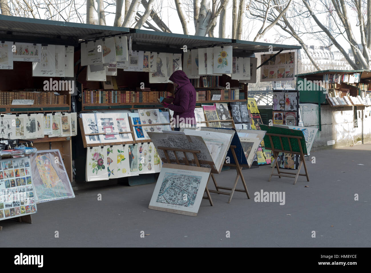 Navigazione Turistica stampa stallo venditore lungo la Senna a Parigi in inverno Foto Stock
