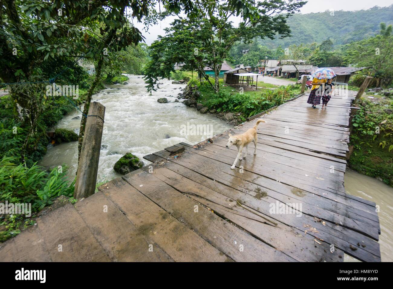 Puente sobre el rio Satana, La Taña, zona Reyna, Departamento de Uspantan,Guatemala, America centrale. Foto Stock
