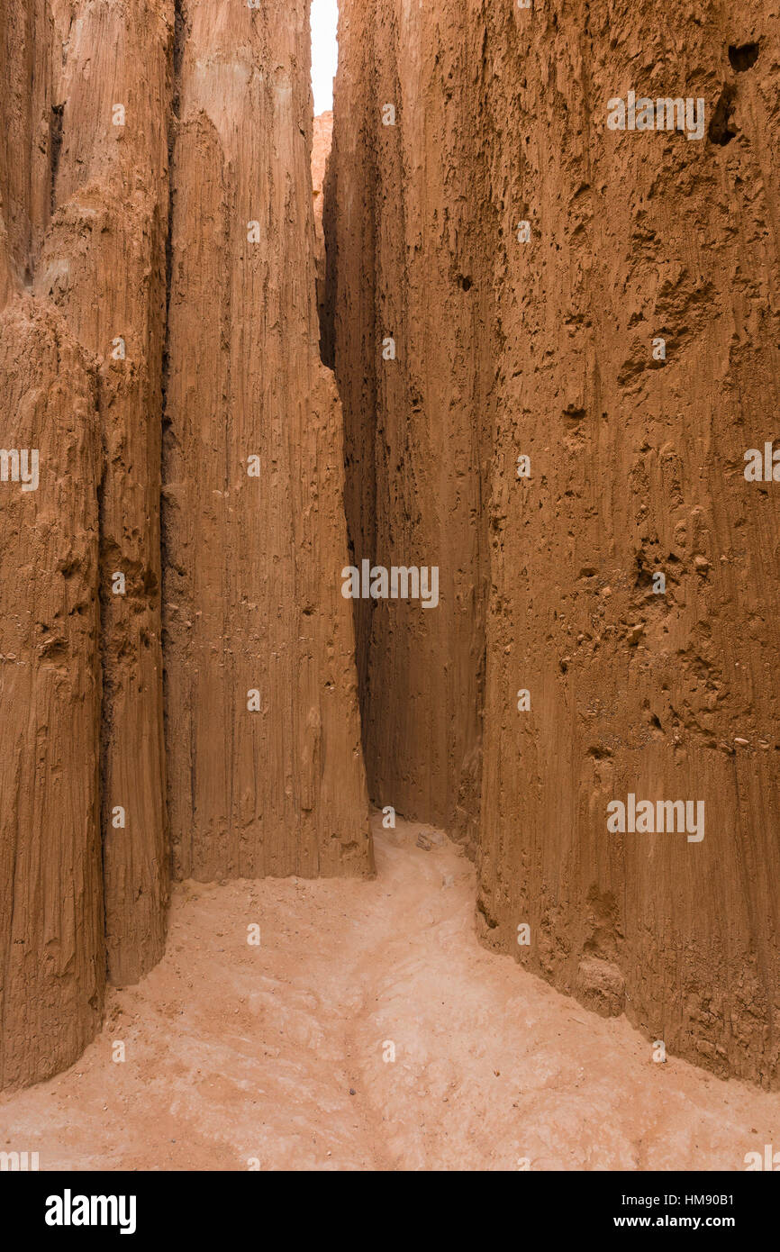 All'interno di una delle tante slot canyons, localmente noto come grotte, che hanno eroso nel siltstone e scogliere di argilla in Cathedral Gorge State Park, Nevada Foto Stock