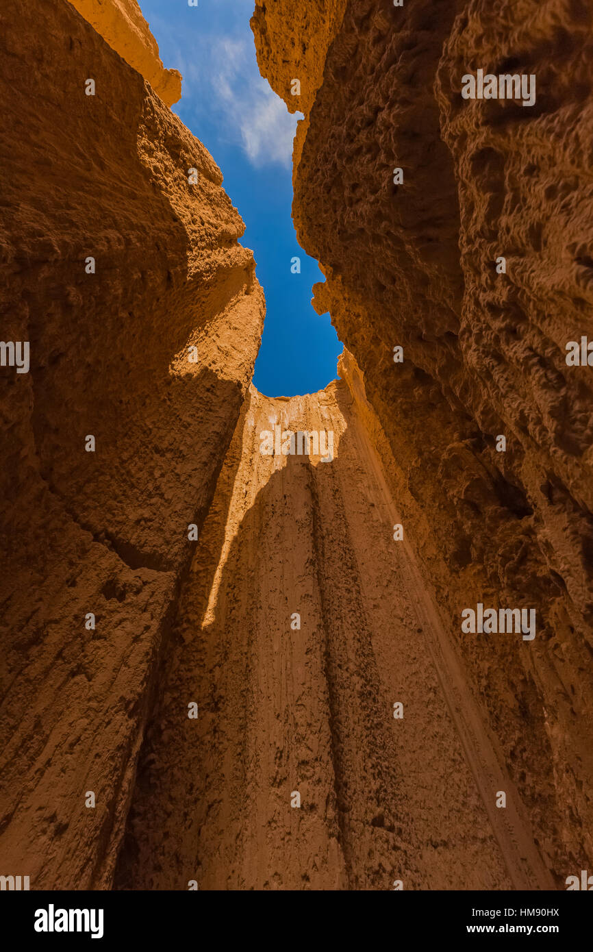 Visualizzare fino al cielo da dentro una delle tante slot canyons, localmente noto come grotte, che hanno eroso nel siltstone e scogliere di argilla in Cattedrale Foto Stock