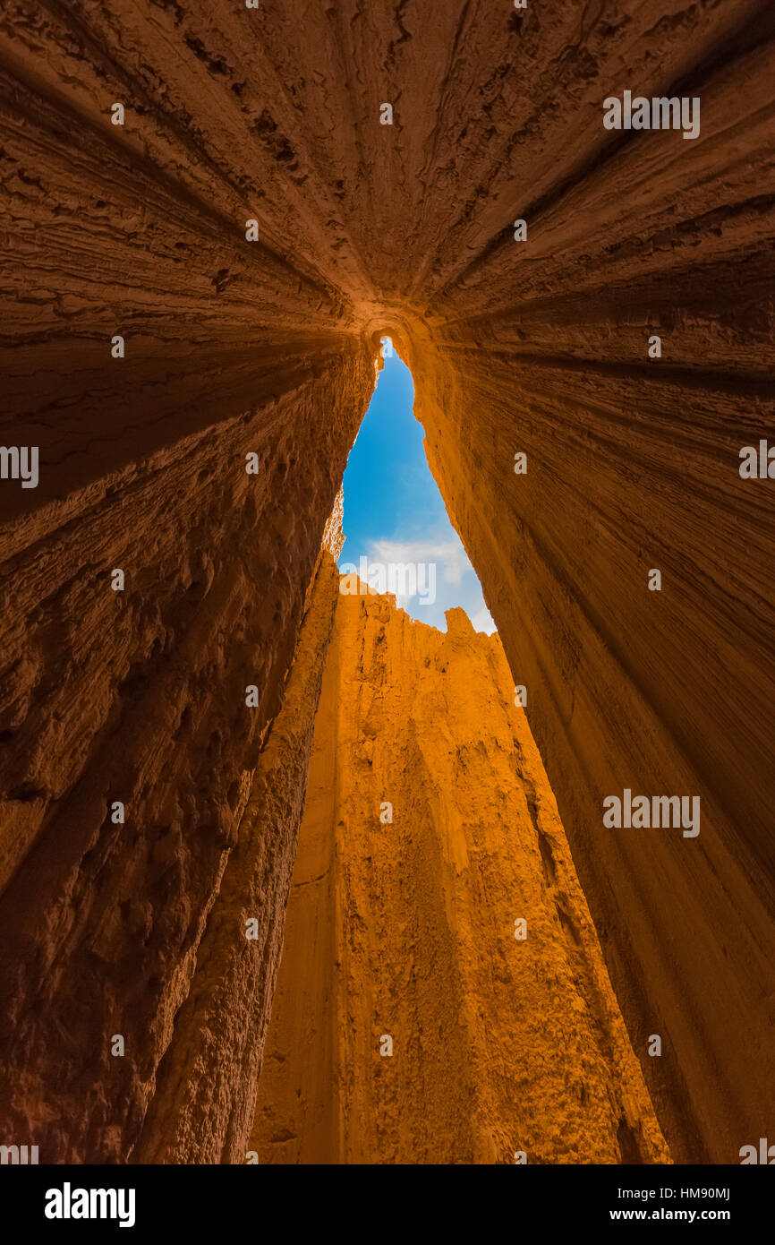 Visualizzare fino al cielo da dentro una delle tante slot canyons, localmente noto come grotte, che hanno eroso nel siltstone e scogliere di argilla in Cattedrale Foto Stock