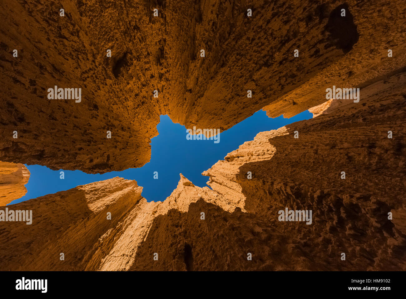 Visualizzare fino al cielo da dentro una delle tante slot canyons, localmente noto come grotte, che hanno eroso nel siltstone e scogliere di argilla in Cattedrale Foto Stock