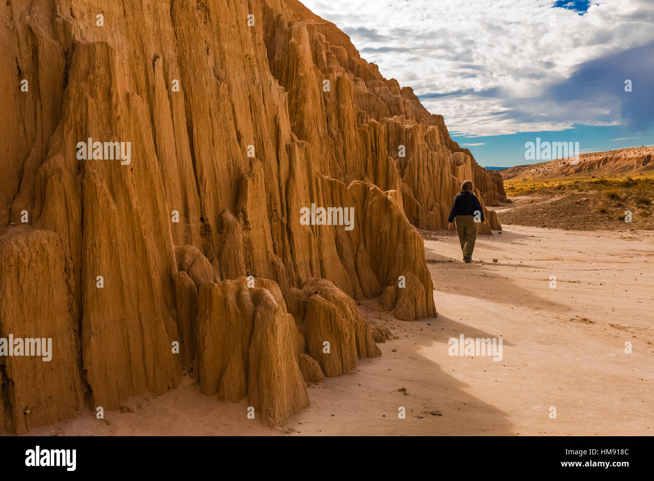 Karen Rentz esplorando il bordo delle scogliere siltstone della formazione Panaca, Cattedrale Gorge State Park, Nevada, STATI UNITI D'AMERICA Foto Stock
