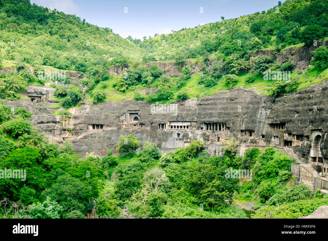 Vista generale delle grotte di Ajanta, Maharashtra, India Foto Stock