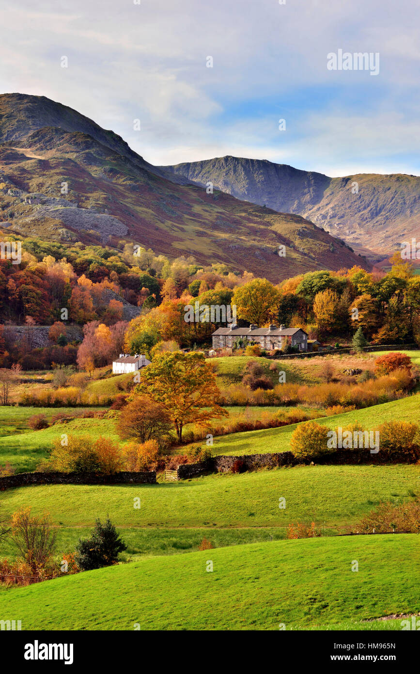 Un autunno vista della Scenic Langdale Valley, Parco Nazionale del Distretto dei Laghi, Cumbria, England, Regno Unito Foto Stock