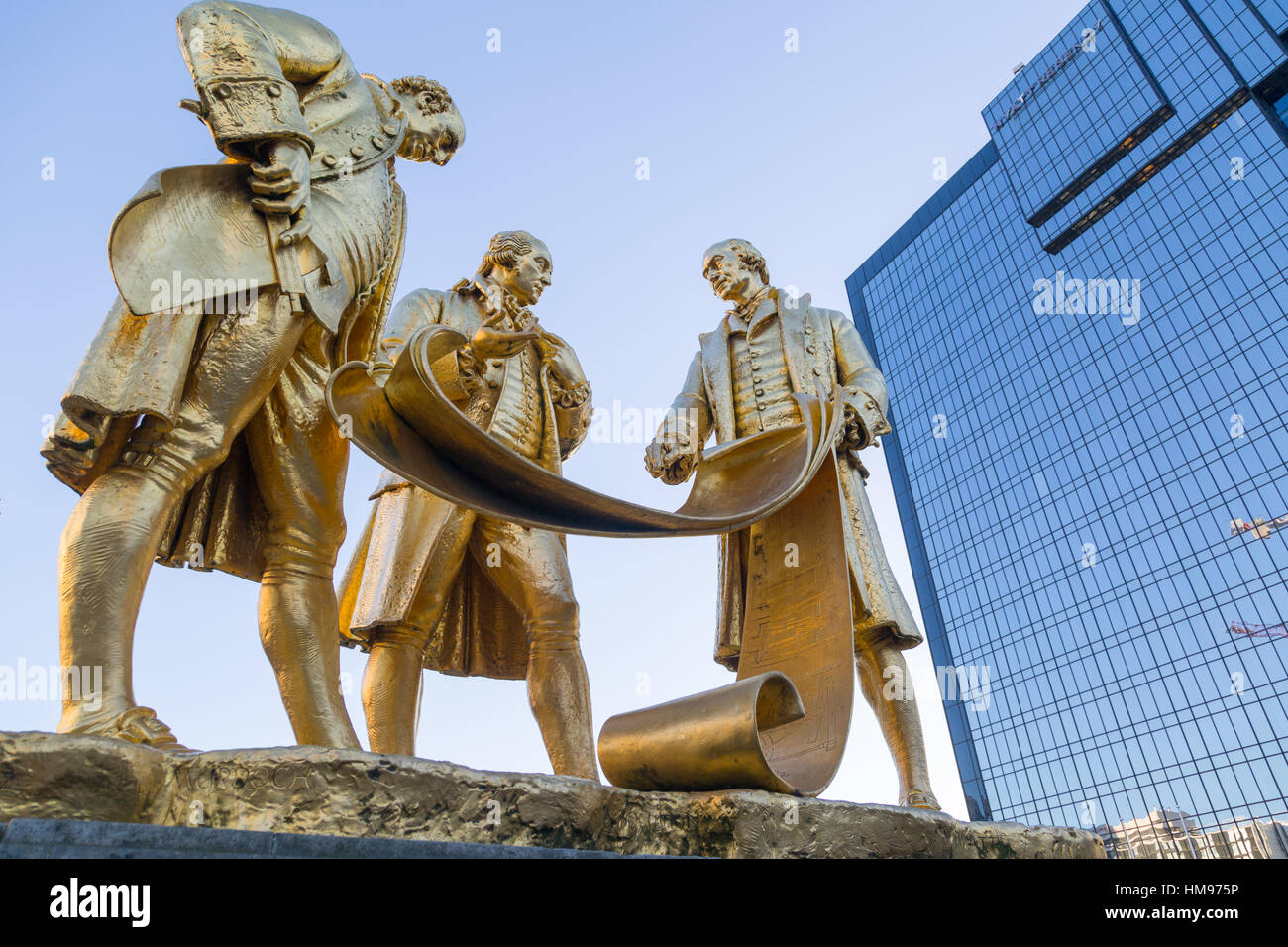 Boulton, Murdoch e Watt statua, Birmingham, West Midlands, England, Regno Unito Foto Stock