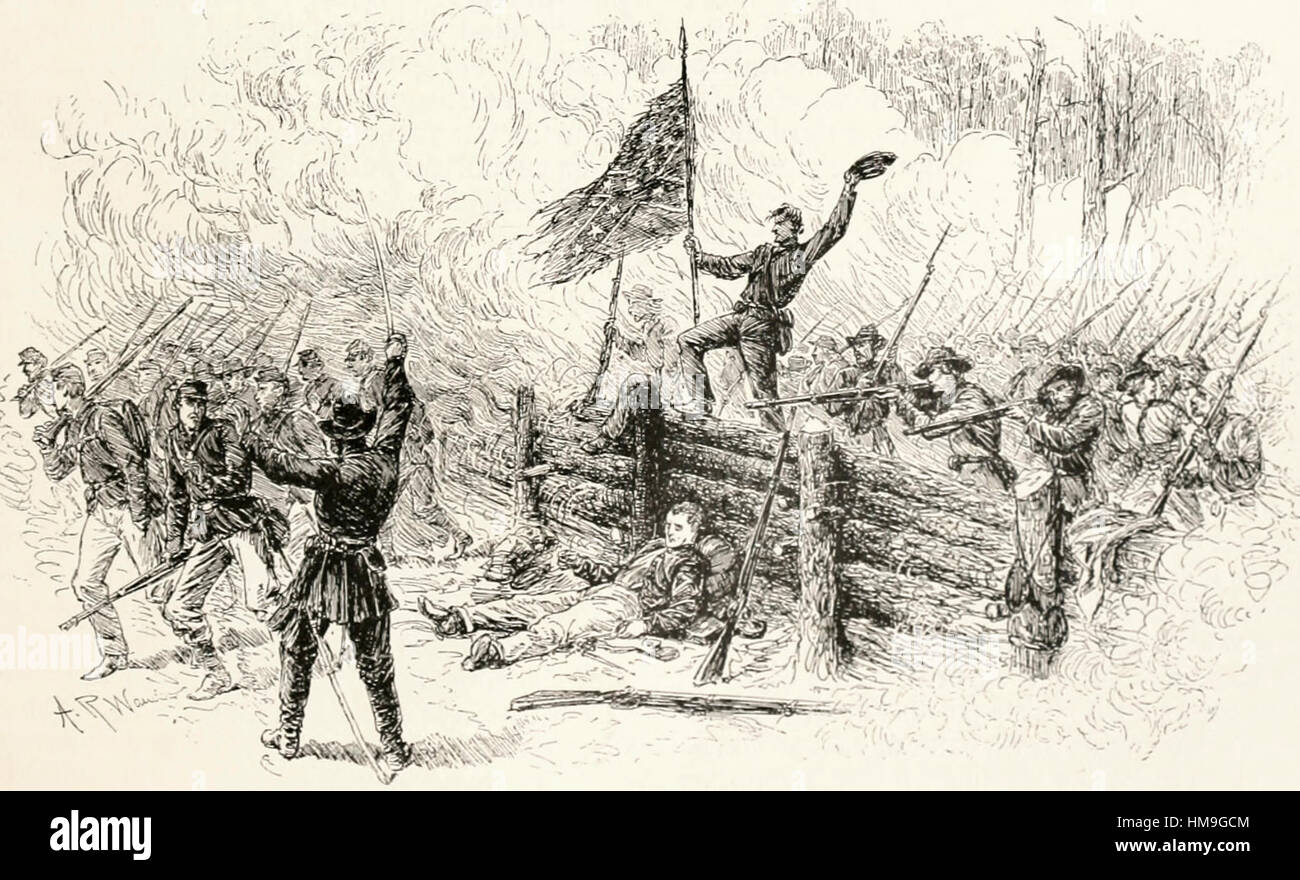 Catturare il pomeriggio del 6 maggio 1864, dai confederati, di una parte di unione di masterizzazione breastworks sul Brock Road, Battaglia del deserto, USA La guerra civile Foto Stock