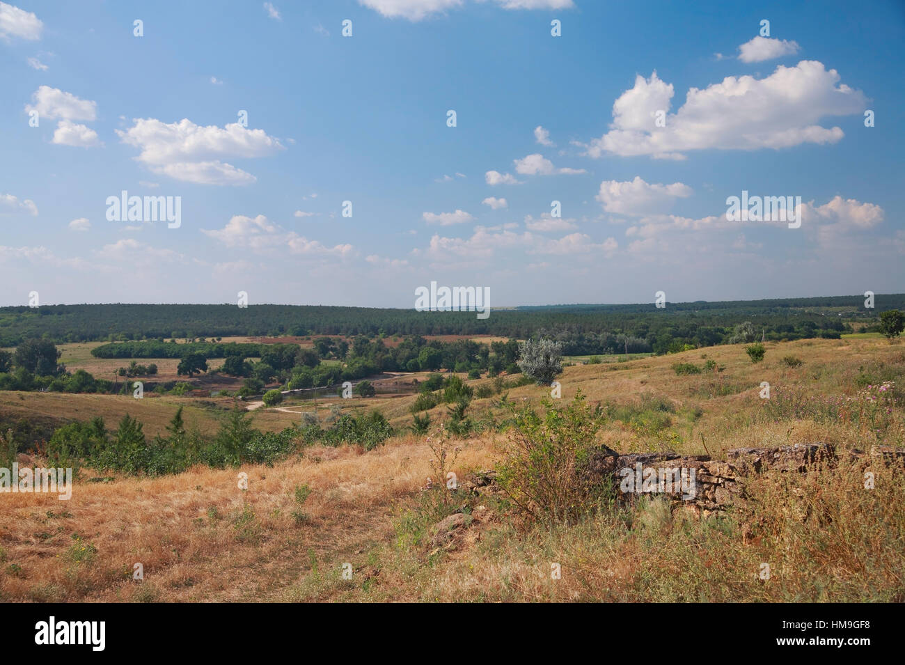 Paesaggio rurale, una rovina recinzione fatta di pietra naturale, boccole, pascolo, sullo sfondo del fiume e della foresta contro il cielo blu con nuvole Foto Stock