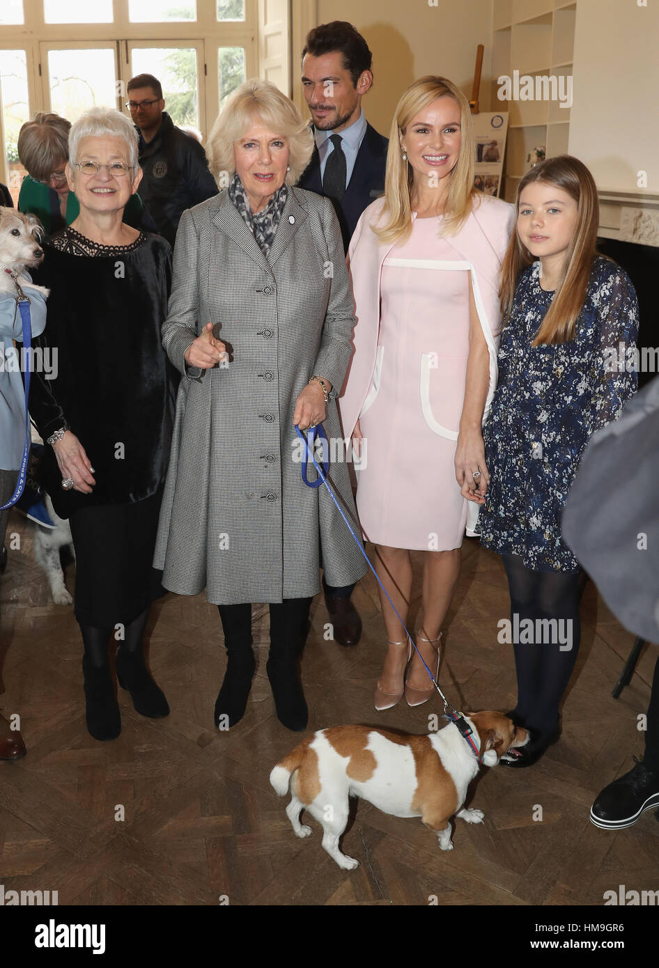 La duchessa di Cornovaglia con (da sinistra a destra) Jacqueline Wilson, David Gandy, Amanda Holden e sua figlia Alexa Hughes durante la sua visita a Battersea cani e gatti Home centro a Old Windsor. Foto Stock