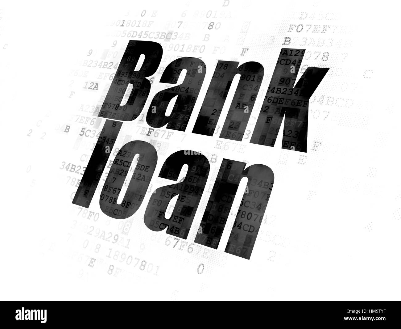 Concetto di denaro: disturbato il testo nero prestito bancario su sfondo digitale Foto Stock
