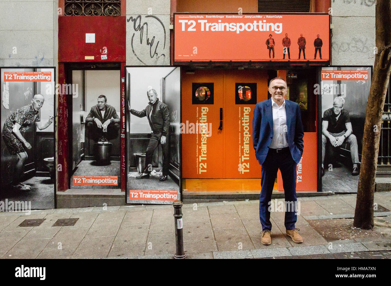 Madrid, Spagna. 02 Febbraio, 2017. T2 Trainspotting film di presentazione con il suo regista Danny Boyle in Via Lactea bar su 02 Febbraio, Madrid, Spagna. Credito: Enrique Davó/Alamy Live News. Foto Stock