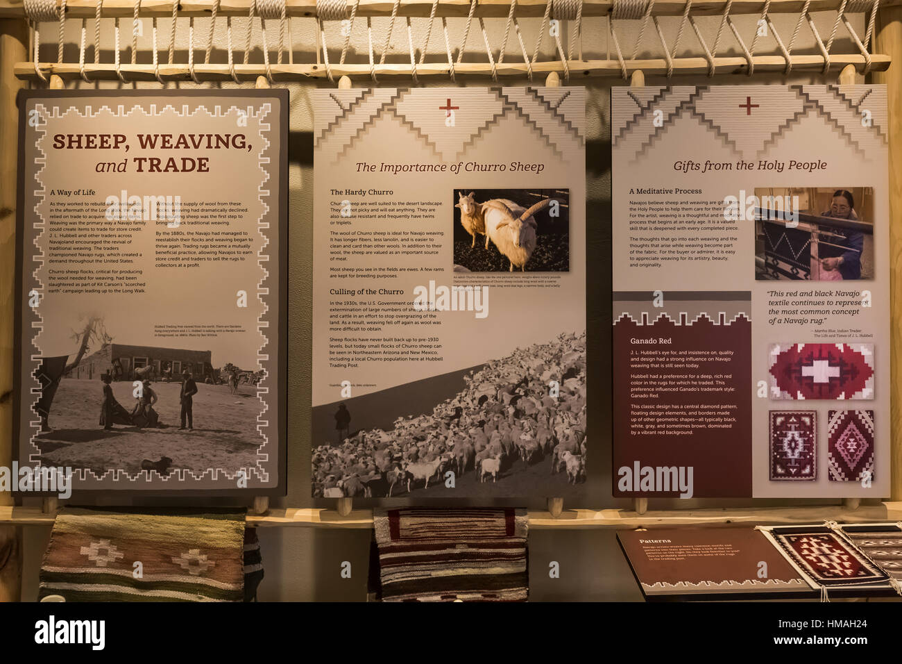 Mostrano circa Churro pecore, tessitura ed il commercio al centro visitatori presso Hubbell Trading Post National Historic Site entro la Navajo Nation, Arizona Foto Stock