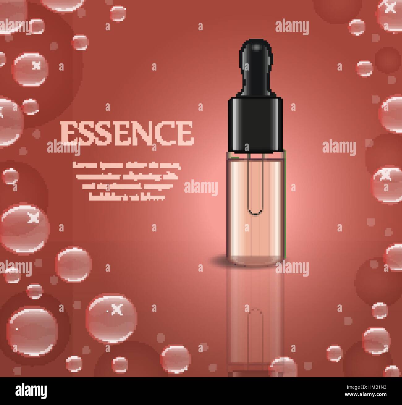 Realistica l'olio essenziale o la medicina di erbe confezione modello per il design. Essenza di poster, mock-up prodotto bottiglia. Cosmetici 3d flacone. Liquido trasparente flaconcino. Illustrazione Vettoriale. Illustrazione Vettoriale