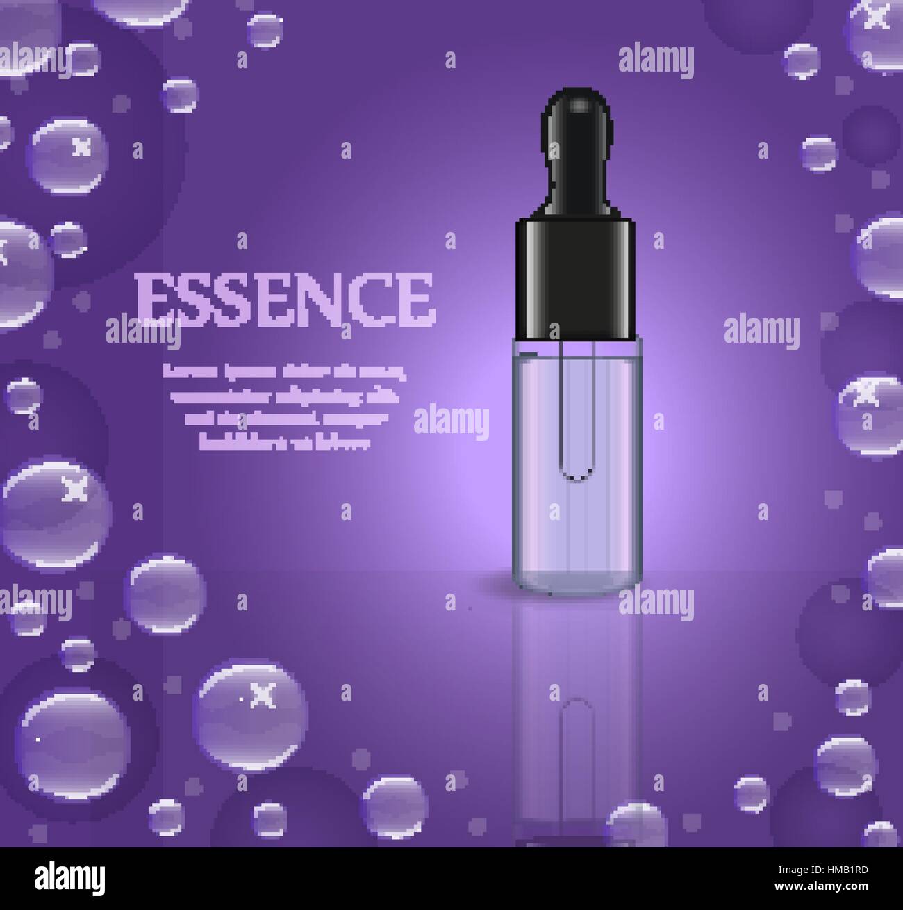 Realistica l'olio essenziale o la medicina di erbe confezione modello per il design. Essenza di poster, mock-up prodotto bottiglia. Cosmetici 3d flacone. Liquido trasparente flaconcino. Illustrazione Vettoriale. Illustrazione Vettoriale