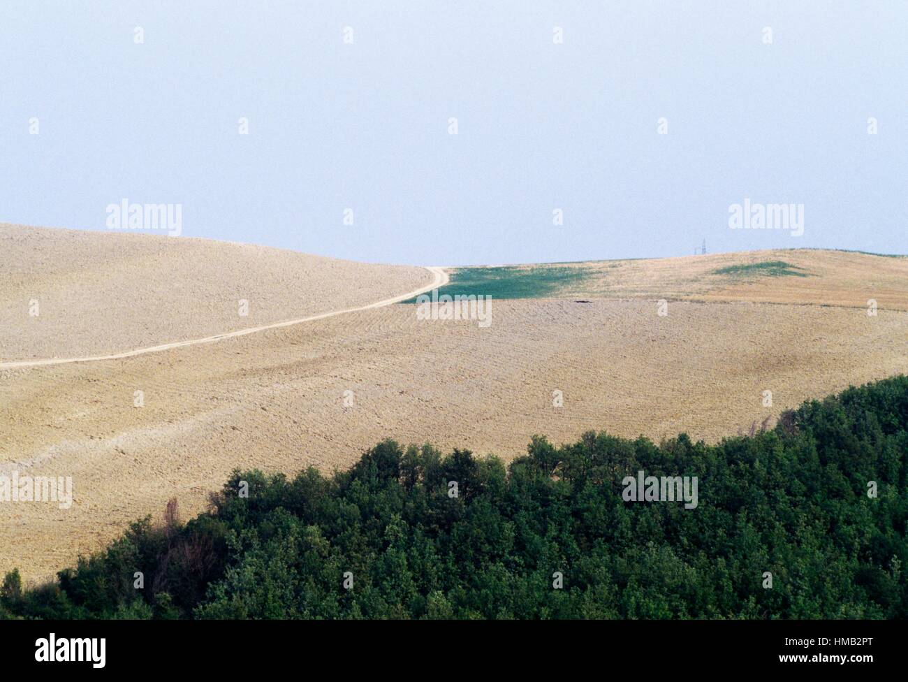 Un tratto della Via Francigena o Via Romea nelle colline toscane, Italia. Foto Stock