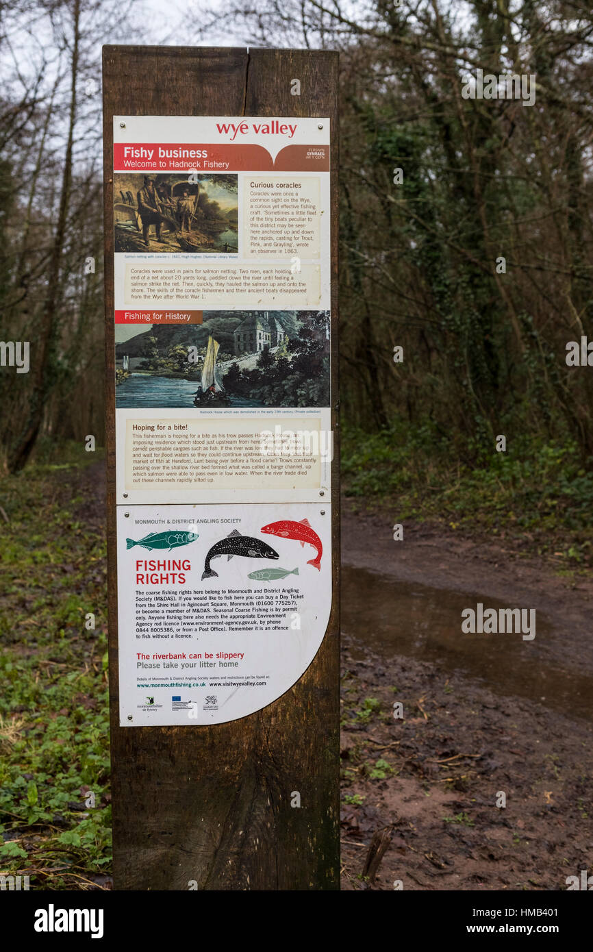 Direzione e segnali di informazione in corrispondenza della pesca parcheggio auto per fermare Hadnock trail, Foresta di Dean. Foto Stock